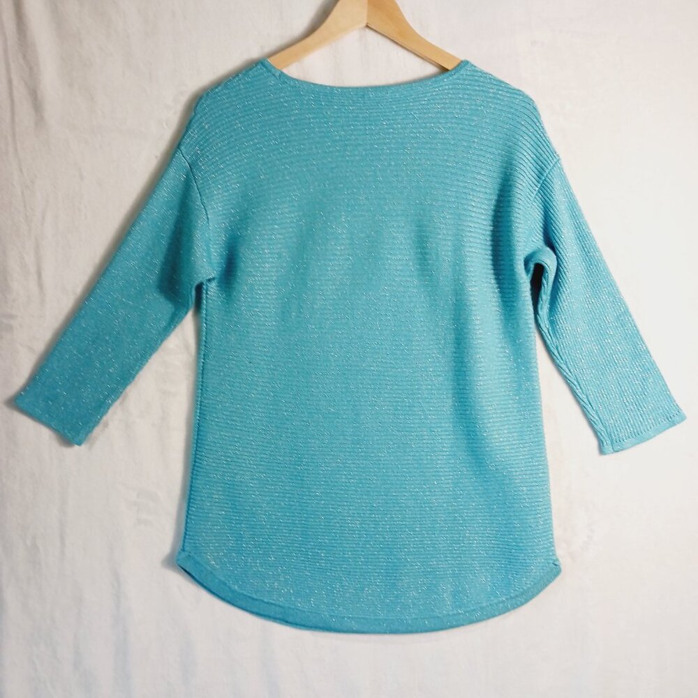Chico's, Turquoise Blue, Sparkle, Ribbed Knit Top with 3/4 Sleeves, Size Small - Picture 4 of 12
